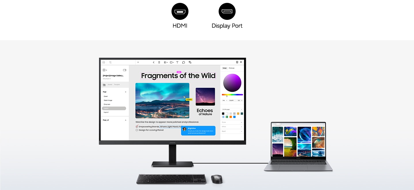 A monitor is connected to a laptop, a keyboard and a mouse. The monitor displays a document, while the laptop shows relevant images. Icons for HDMI and Display Port.