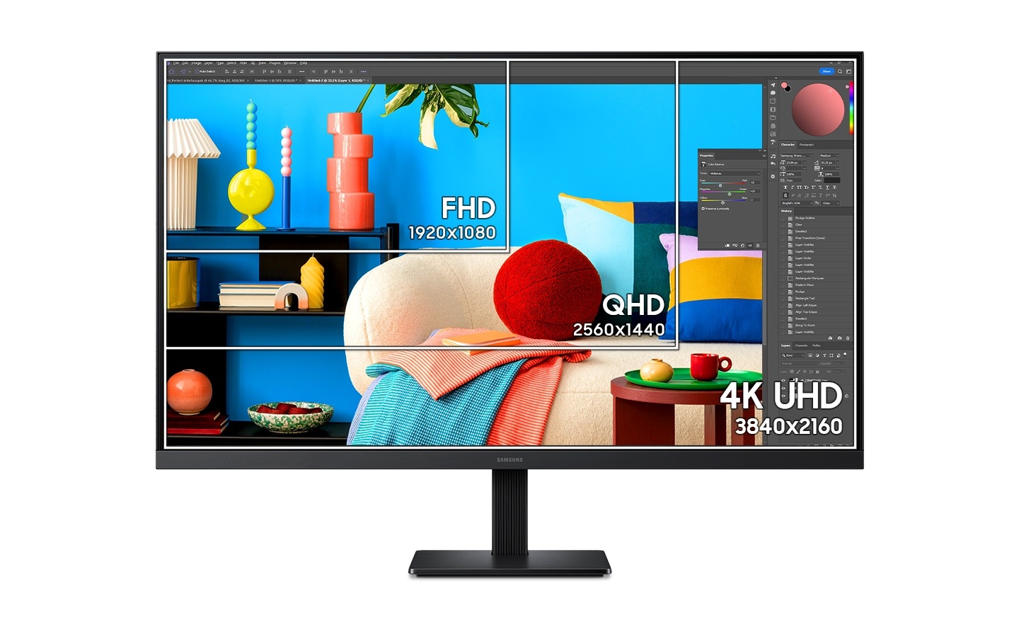 The monitor is shown with a photo editing tool open, and the screen shows three squares of different sizes showing FHD (1920×1080), QHD (2560×1440) and 4K UHD (3840×2160).