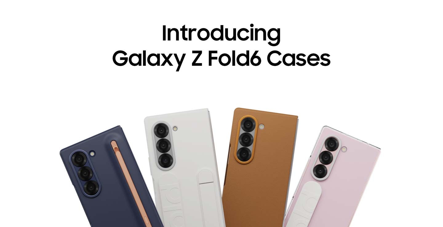 S Pen 會寫出文字：「為 Galaxy Z Fold6 配備新保護殼，打造時尚裝扮」。 「S 筆盒」。出現三支 S 筆。 「S 筆已準備就緒」。每支 S Pen 可滑入 Galaxy Z Fold6 上的超薄 S Pen 保護殼。 「矽膠套」。顯示的保護殼放置在 Galaxy Z Fold6 上。 「觸感柔軟，抓握穩定」。其他設備上會出現其他顏色。矽膠套的手柄和支架以不同的位置和角度顯示。 「善意案件」。可以看到錶殼皮革材質的各種特寫。 「質地光滑，保護優質」。手機上的各種彩色 Kindsuit 保護殼以不同角度展示。 「清晰的案例」。顯示了案例的特寫鏡頭。 「真實的色彩，纖薄的設計」。這些案例在不同的手機上以不同的角度顯示。顯示了所有類型的情況。 '苗條的。時髦的。耐用的。正式三星」。可以看到 Galaxy Z Fold6。 “Galaxy Z Fold6 Galaxy AI 就在這裡”，“samsung.com”。