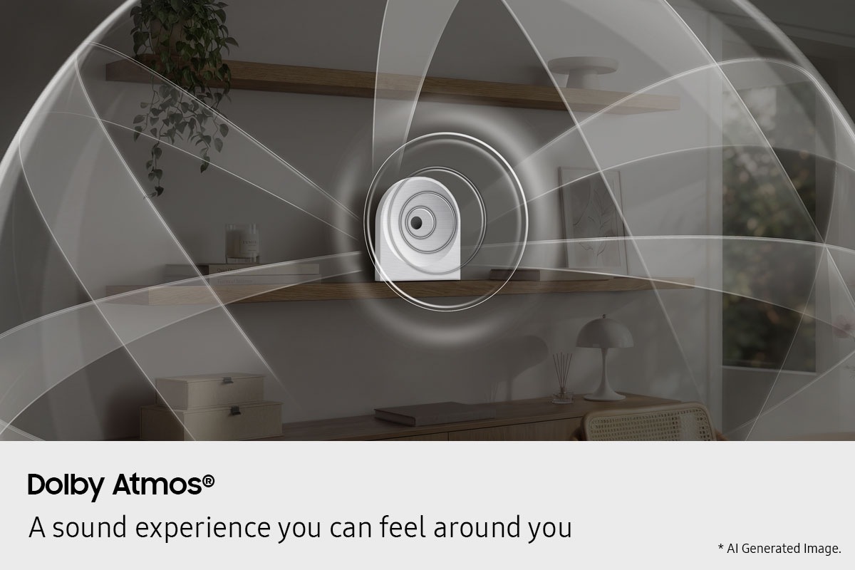 A Music Studio 5 speaker rests on a wall-mounted shelf. Layered, circular sound waves expand outward and overhead, visualizing Dolby Atmos audio. Image is AI-generated.
