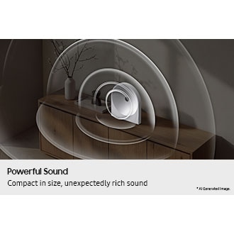 Music Studio 5 speaker sits on a wooden cabinet. Sound waves radiate outward from the speaker, expanding in smooth, layered arcs that fill the room to show its powerful sound. Image is AI-generated.