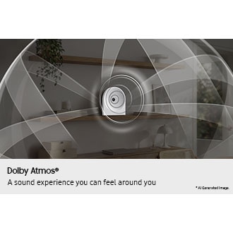 A Music Studio 5 speaker rests on a wall-mounted shelf. Layered, circular sound waves expand outward and overhead, visualizing Dolby Atmos audio. Image is AI-generated.