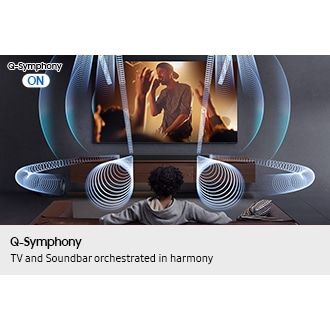Man watches TV in living room. With Q-Symphony ON, sound plays from Q990F soundbar and TV, shown by various sound waves.