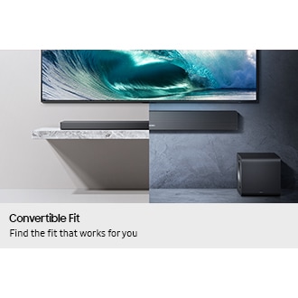 Two views side-by-side of QS700F. One shows soundbar flat on a surface below the TV and one mounted to wall with subwoofer.