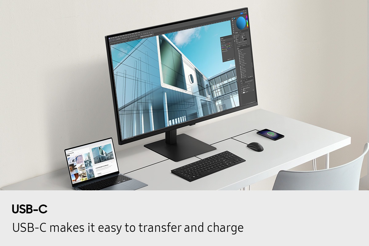 Easy Setup Stand. Effortless and instant setup. Monitor being attached to a stand by sliding the neck stand into the bottom base and connecting it to the back of the monitor, with a 'No tools needed' icon.
