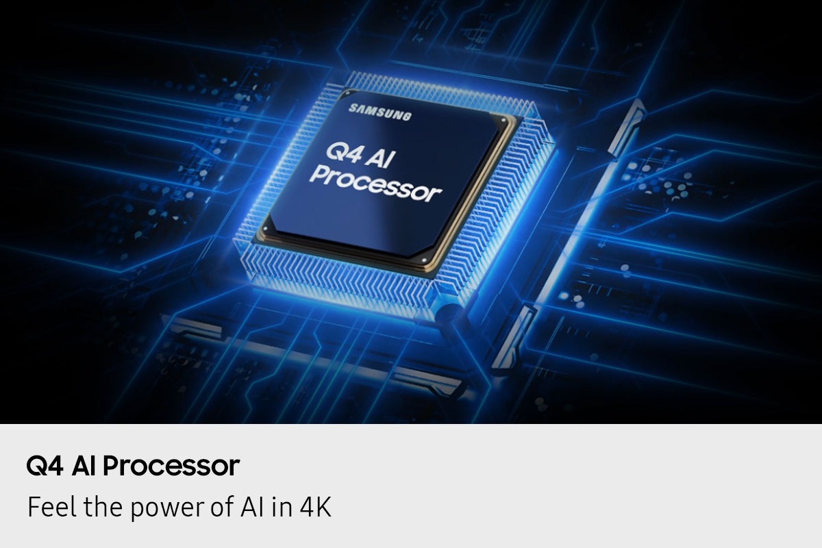 The Samsung Q4 AI Processor chip descends on the TV's main board and lights up with waves of power surging from the chip to the rest of the TV.