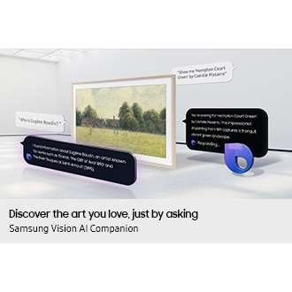 The Frame TV displays artwork as Samsung Vision AI Companion responds to voice commands, answering questions and showing 'Hampton Court Green' on screen.