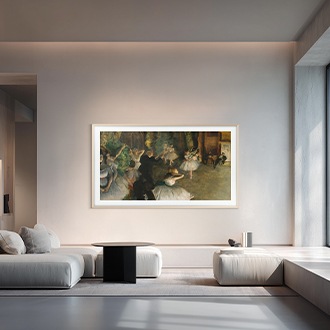 The Frame TV mounted on a minimalist living room wall, displaying a classic painting that blends naturally with the surrounding decor. AI Generated Image.