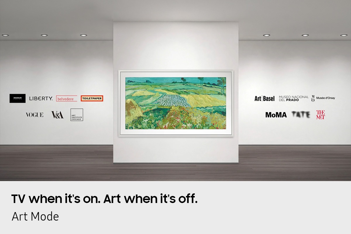 The Frame TV is mounted on a gallery-style wall, displaying an artwork. In the spaces logos of world-famous art institutions and brands appear, including Magnum Photos, Liberty, Belvedere, TOILETPAPER, Vogue, V&A, the Art Institute of Chicago, Art Basel, Museo Nacional del Prado, Musée d’Orsay, MoMA, Tate, The Met.