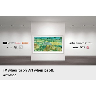 The Frame TV is mounted on a gallery-style wall, displaying an artwork. In the spaces logos of world-famous art institutions and brands appear, including Magnum Photos, Liberty, Belvedere, TOILETPAPER, Vogue, V&A, the Art Institute of Chicago, Art Basel, Museo Nacional del Prado, Musée d’Orsay, MoMA, Tate, The Met.