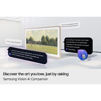 The Frame TV displays artwork as Samsung Vision AI Companion responds to voice commands, answering questions and showing 'Hampton Court Green' on screen.
