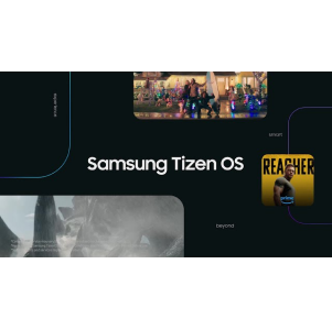 Different ways to upscale your entertainment with Samsung Tizen OS are shown, including accessing apps and services, gaming without a console, browsing custom content and connecting smart devices.