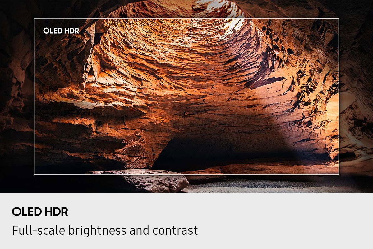 A scene of a water cave is enhanced by OLED HDR for improved picture clarity, so it seems the screen is part of real life.