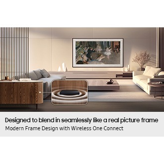 The Frame in wide living room. In a closed media cabinet, waves show wireless TV signal is sent from Wireless One Connect.