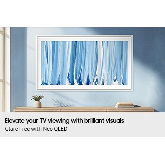 The Frame TV displays an abstract blue artwork in Art Mode on a wall, with a glare-free Neo QLED screen preserving deep contrast, vivid color, and fine texture.
