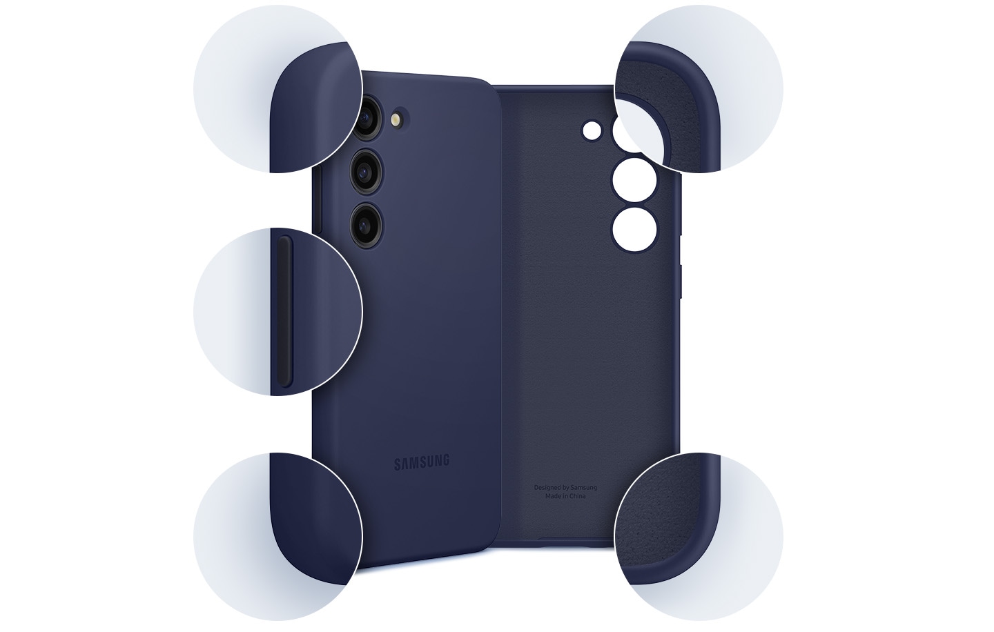 The front and back side of the Silicone case are shown with detailed zoom-in of the edges shown around them.