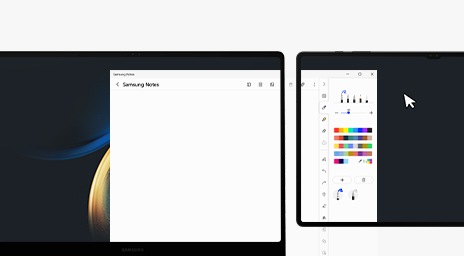 A Galaxy Book3 Ultra and a Galaxy Tab S8 Ultra are placed side-by-side with a Samsung Notes window opened onscreen and extended from the PC to the Tab screen.