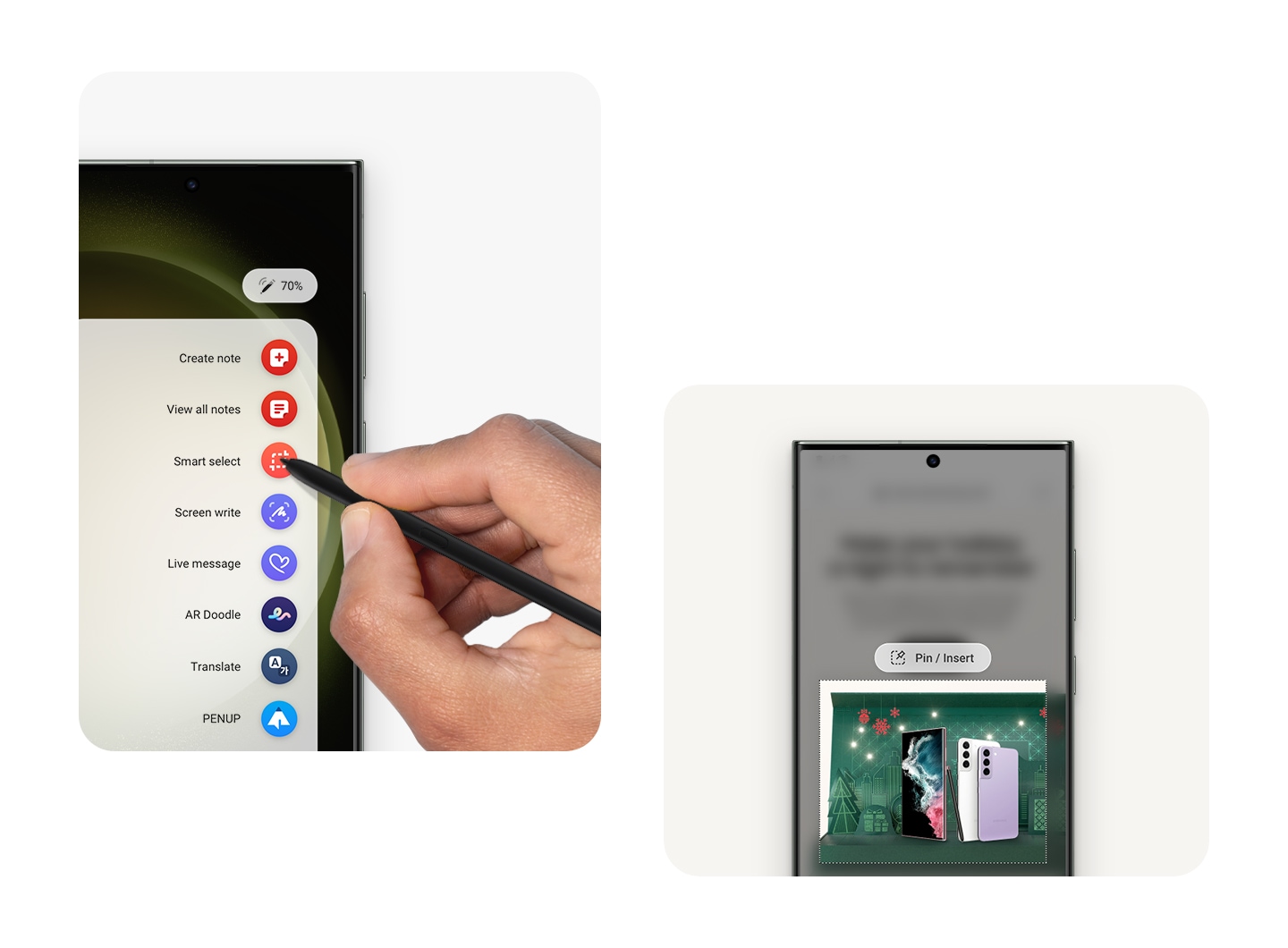 Bir ekranda çeşitli S Pen işlevlerinin yer aldığı Hava Komutu menüsü gösteriliyor. Başka bir ekranda, Samsung web sayfasının bir kısmı S Pen'in Akıllı Seçim işleviyle kare şeklinde vurgulanıyor.