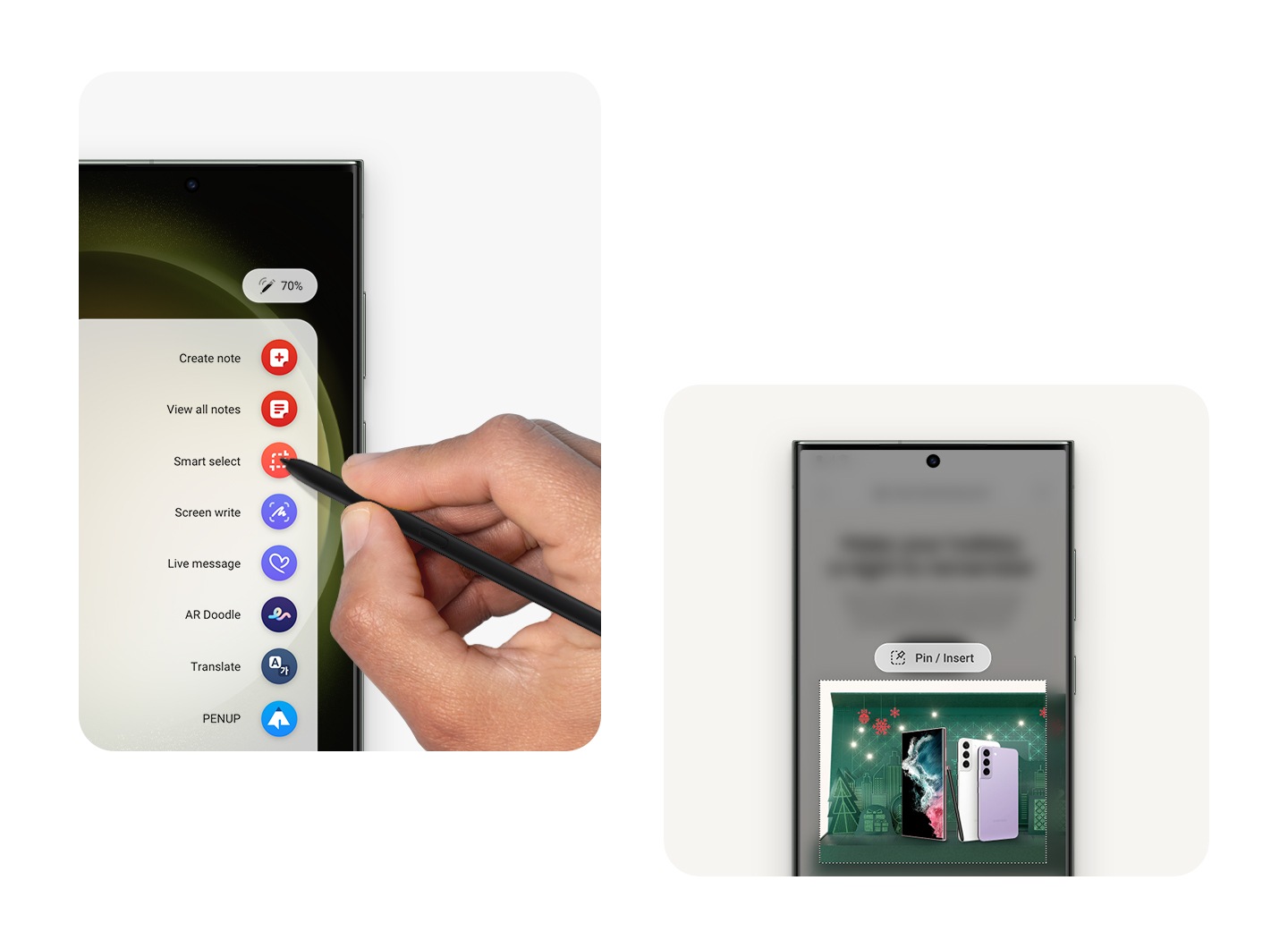 On one screen, the Air Command menu with various S Pen functions is shown. On another screen, a part of a Samsung webpage is highlighted in a square shape with the Smart Select function of S Pen.
