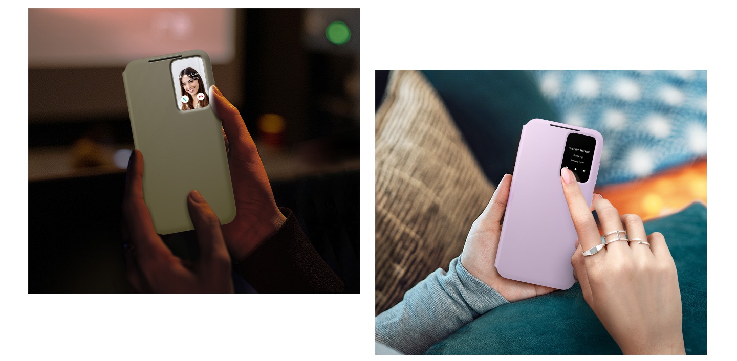 A person is holding a Galaxy S23 phone with the case on to check who is calling without having to open the case. A woman taps on an open display window to control music on her device without having to open the case.