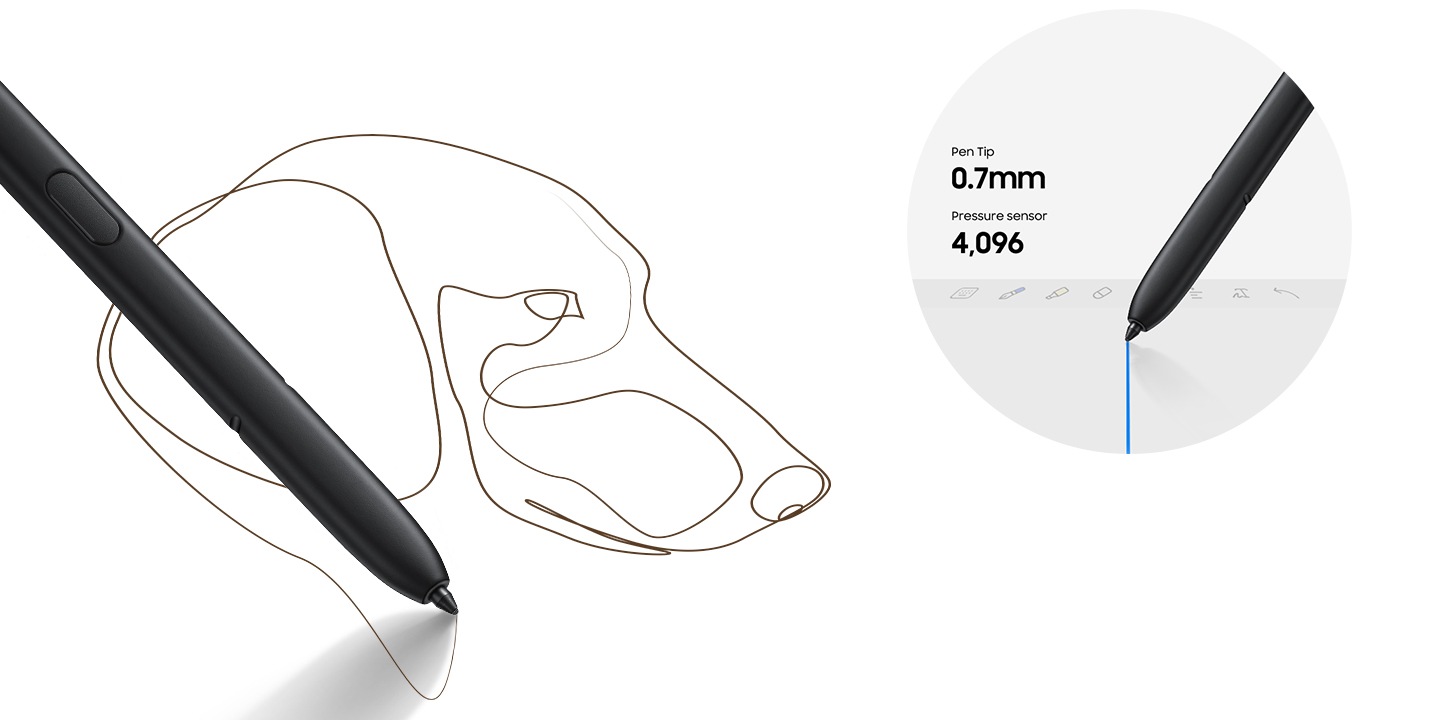 On the left, S Pen is used to sketch a dog's head with one uninterrupted curvy stroke. On the right, S Pen is used to draw a line on the display surface of a supported device with S Pen drawing functions displayed on-screen. Text reads &quot"Pen Tip 0.7mm&quot" and &quot"Pressure sensor 4,096&quot".