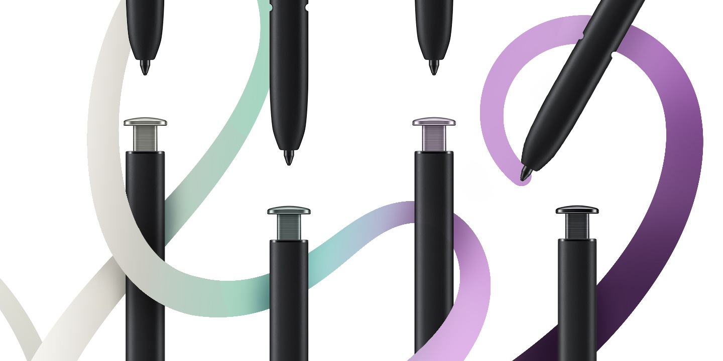 The pen tips and colored end tips of four S Pen in Cream, Lavender, Green and Phantom Black are lined next to each other.