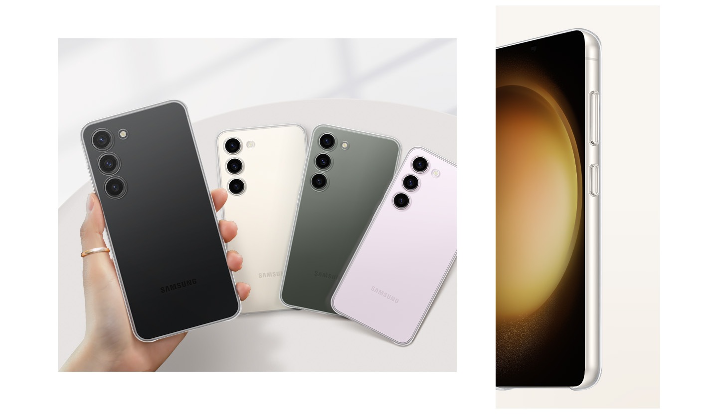 A hand is holding a Galaxy S23 device with the Clear Case installed next to three different colored versions of the device spread out in a fan shape. Tilted front view of the device wearing the Clear Case is shown.