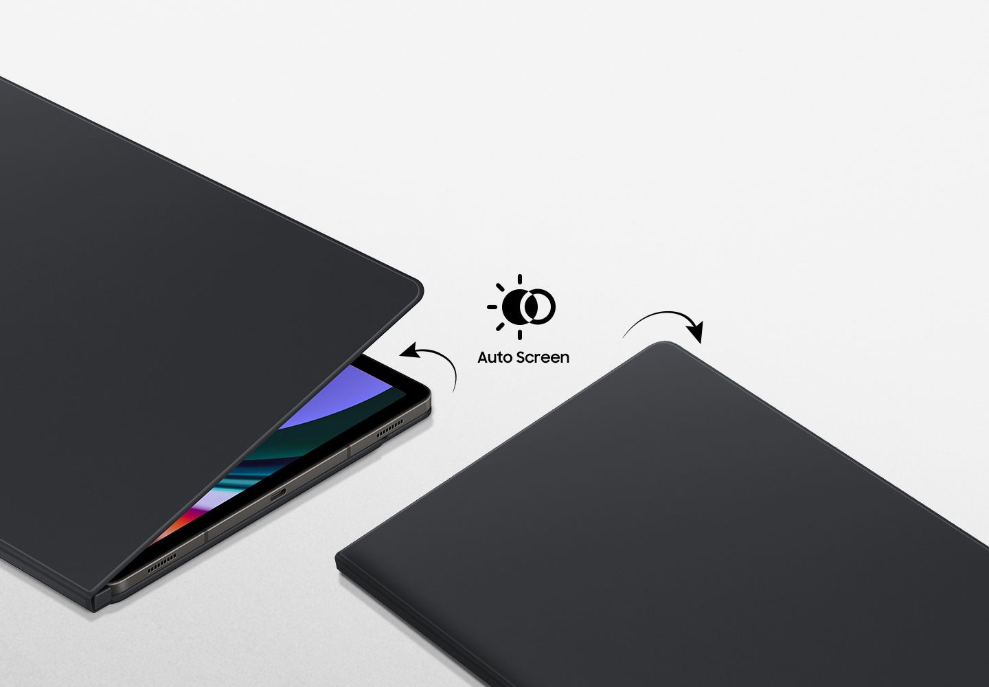 Two Galaxy Tab S9 Plus devices encased in Smart Book Covers are seen lying flat. The cover on one device is slightly open with the screen on to showcase the auto wake-up feature. The other one is turned off with the cover down.
