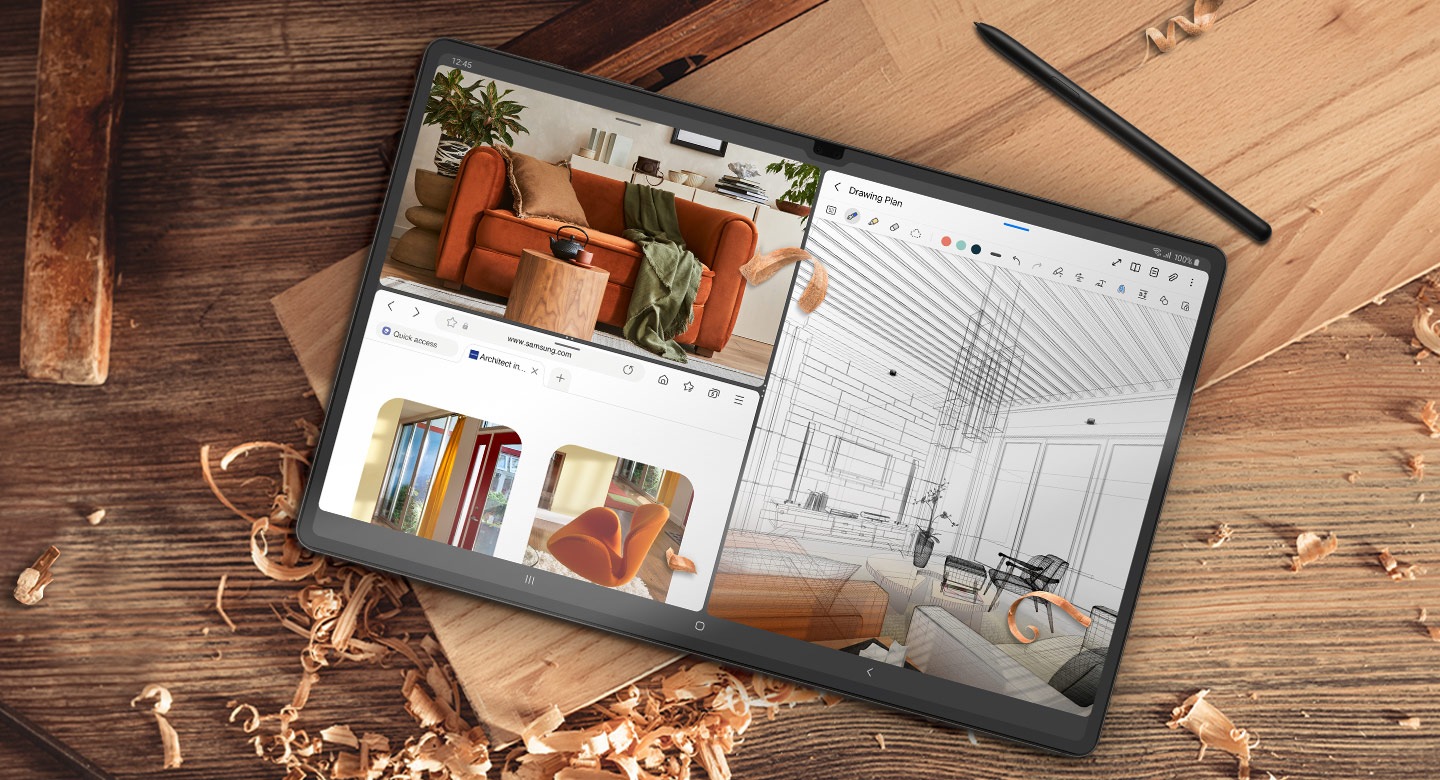 Galaxy Tab S9 Ultra is placed on a wooden surface in a workshop with S Pen beside it. Its screen is divided into three windows with several images of furniture open in a web browser and in the Samsung Notes app.