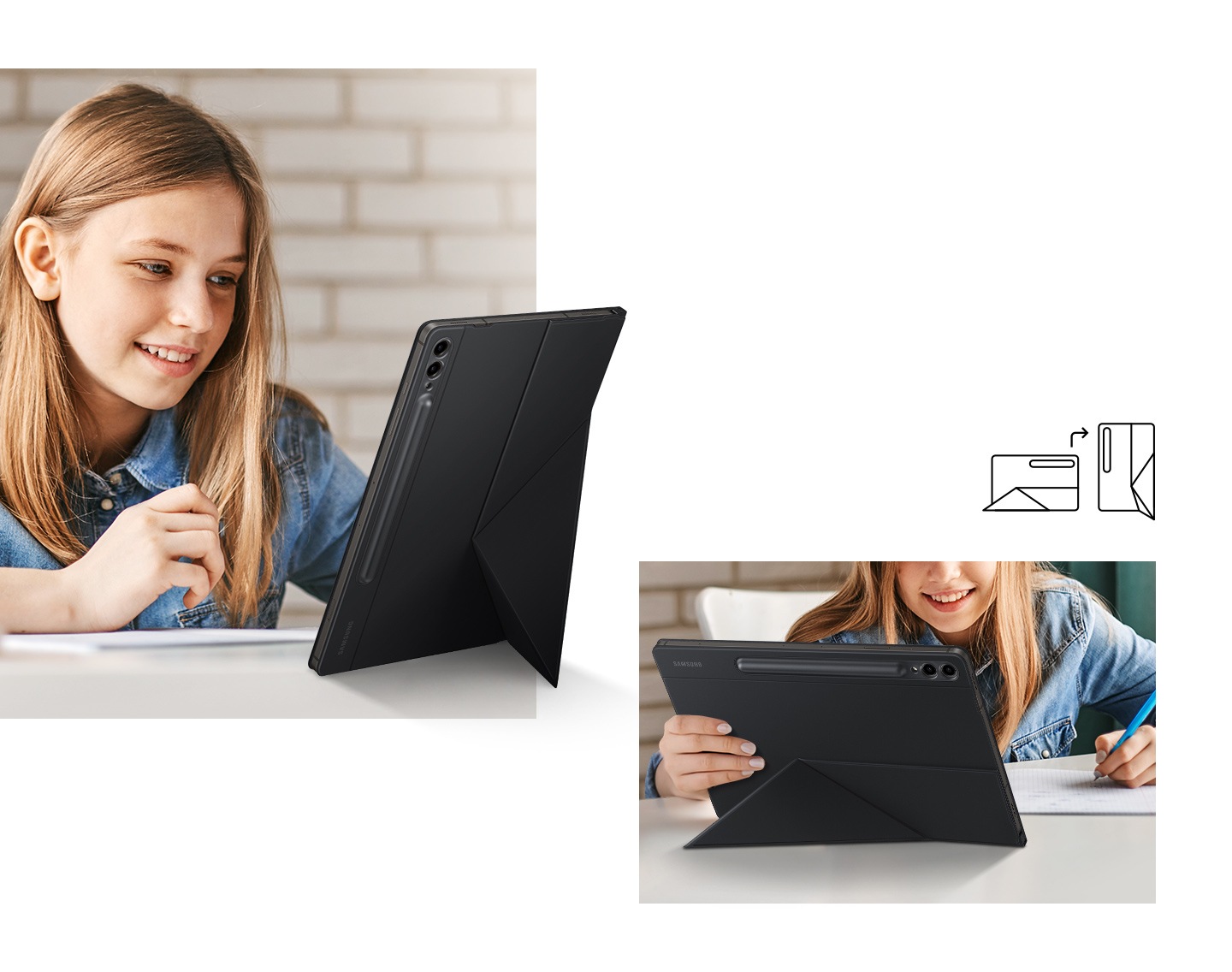 A young girl seen using Galaxy Tab S9 Plus with Smart Book Cover on, placed vertically and propped up with a stand. Next to it, she is seen using the device horizontally with a stand on the back.