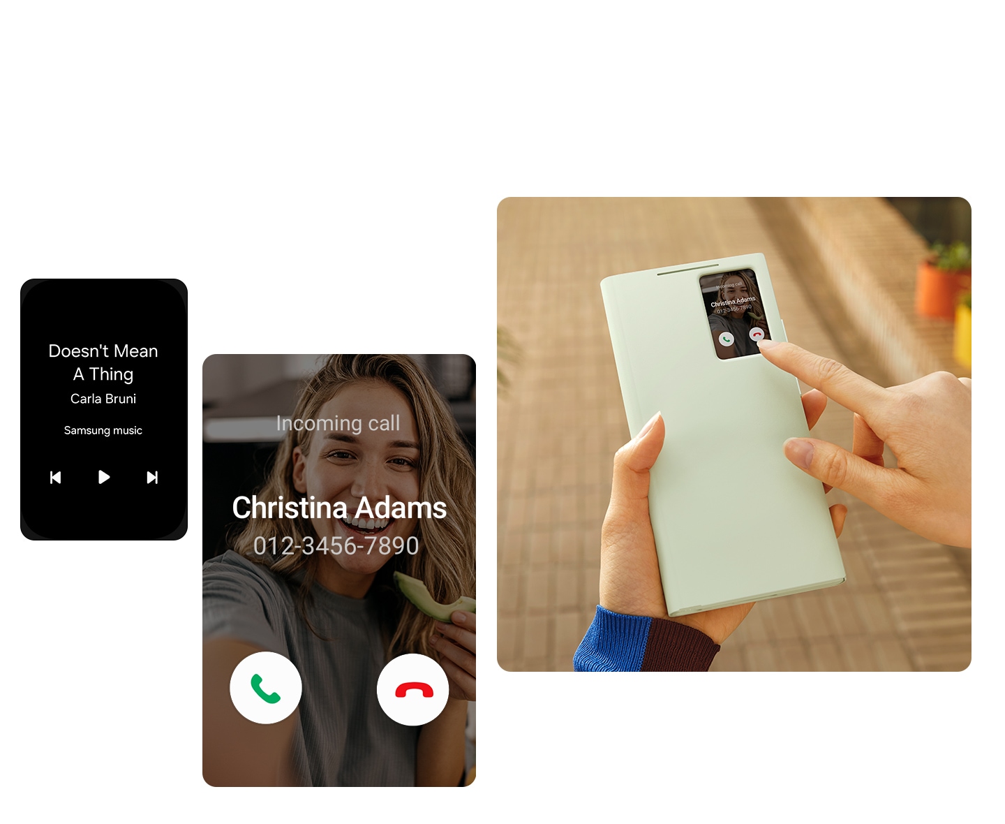 The S-View window on the left shows a music screen, next to it is the screen of an incoming call and on the right is a person interacting with the S-View window without the need to open the case.