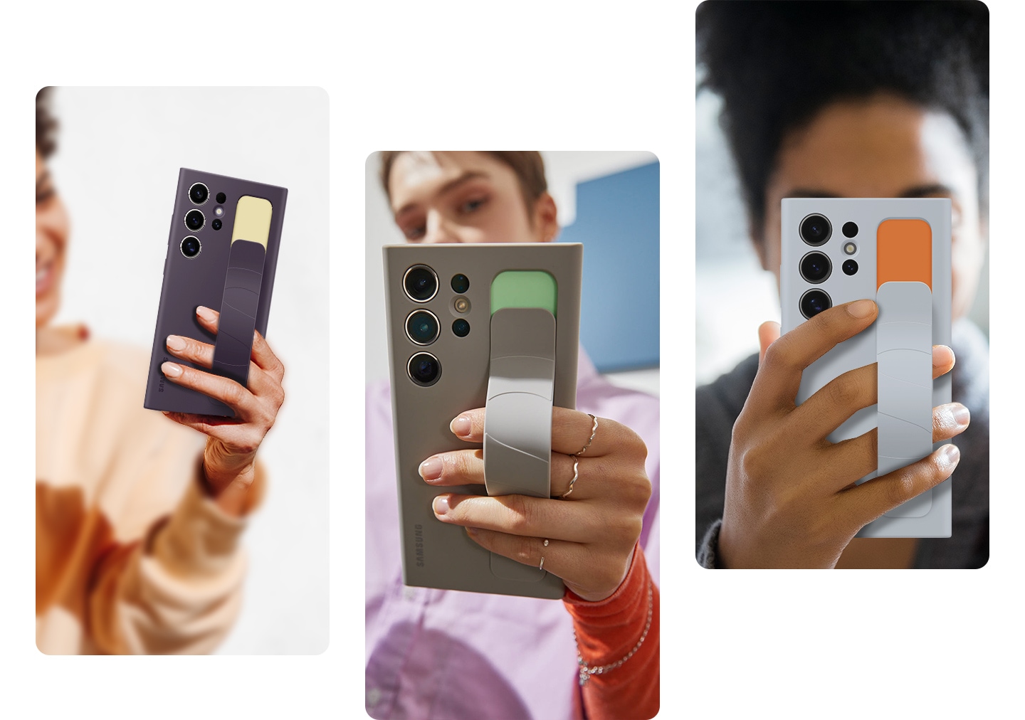 Three young people are holding the Strap of the Standing Grip Case in dark violet, taupe and light blue from left to right. Each person shows the ease of holding the phone as a right-handed or left-handed user, showcasing various lifestyle shots in different colors.