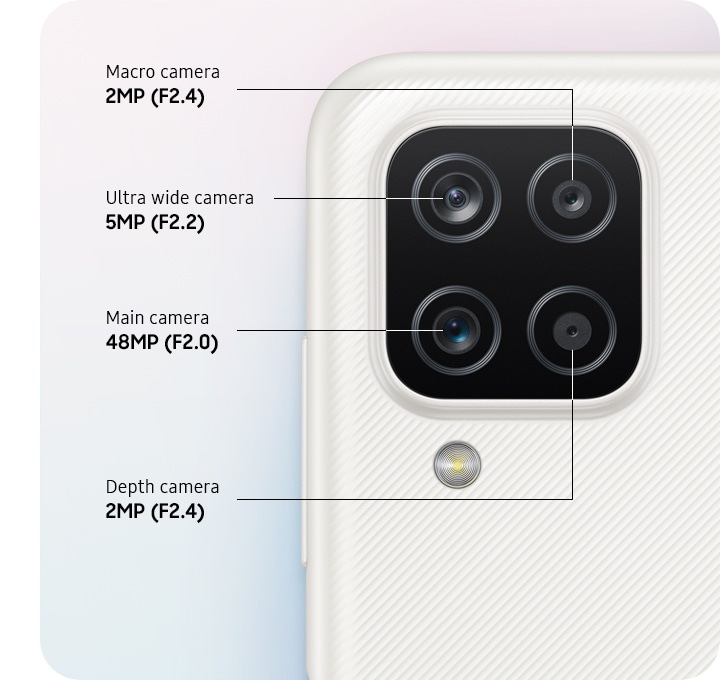 Vue arrière supérieure d'un appareil illustré avec 4 objectifs pour une caméra macro 2MP, une caméra ultra large 5MP, une caméra principale et une caméra de profondeur respectivement