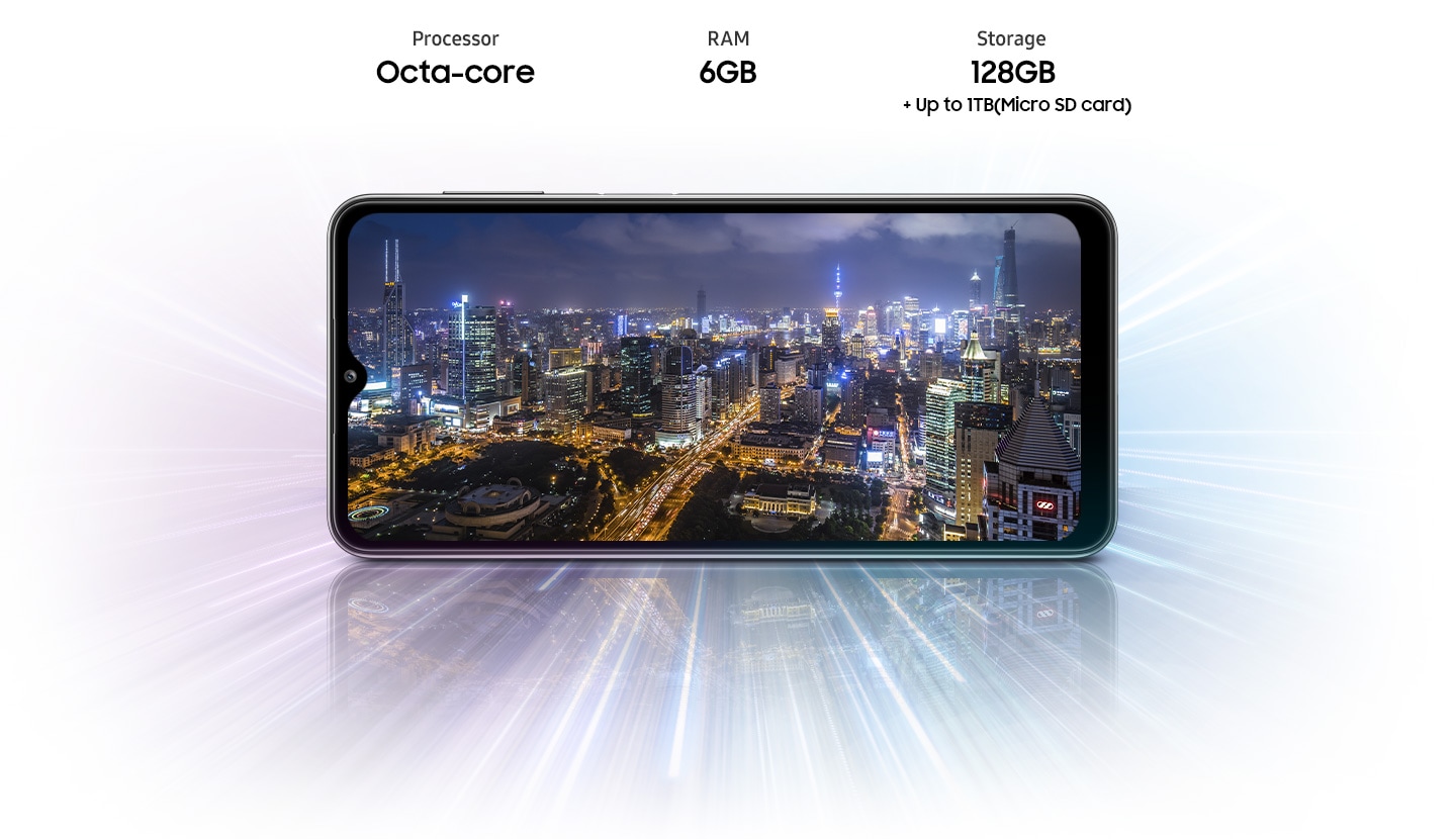 A32 5G shows night view of city, indicating device offers Octa-core processor, 6GB of RAM, 128GB of storage,up to 1TB Micro SD card.