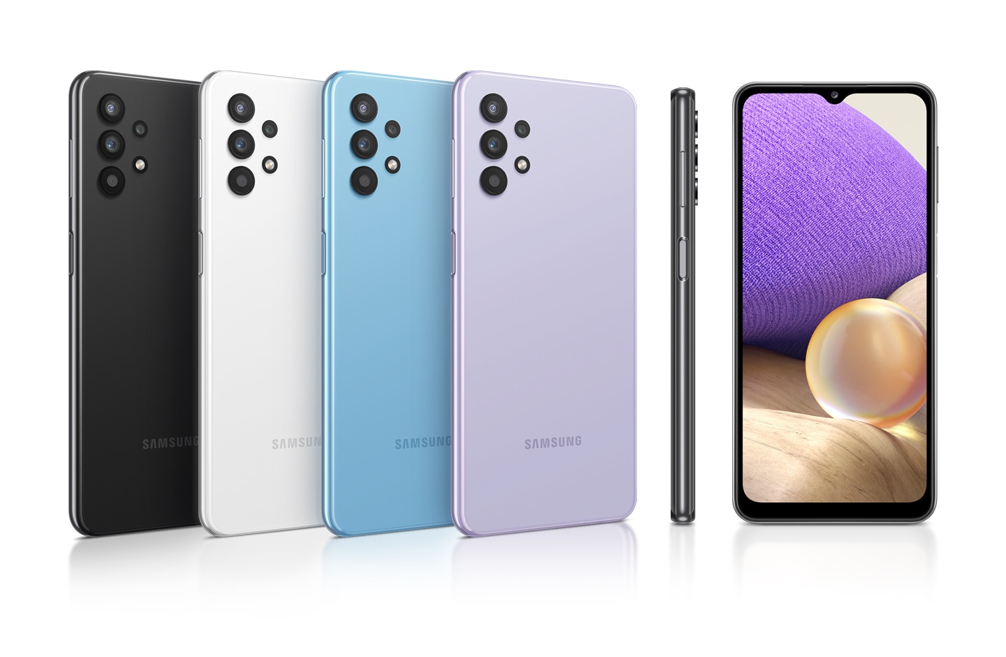 Six phones in Awesome Black, Awesome White, Awesome Blue and Awesome Violet, seen from different angles to show the design.