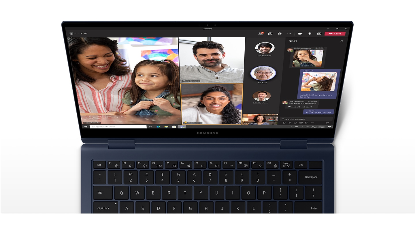 Appeared on the Galaxy Book Pro 360 is a video call with 10 different participants smiling, talking, or making a gesture while conducting a video call.