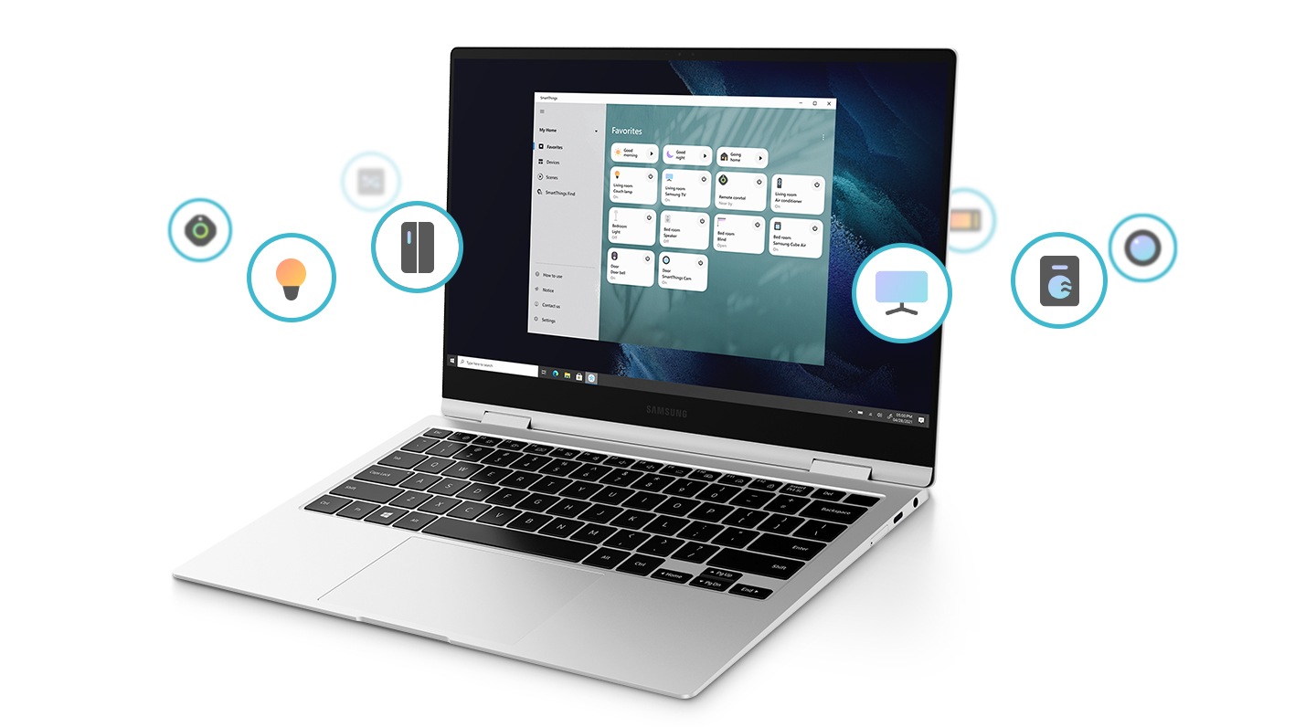 Laptop ini dikelilingi oleh beberapa ikon yang menunjukkan berbagai perangkat IoT seperti TV, pencahayaan, lemari es dan mesin cuci & pengering. Ditampilkan di layar adalah program yang beroperasi mengenai SmartThings Home System untuk kehidupan yang terhubung