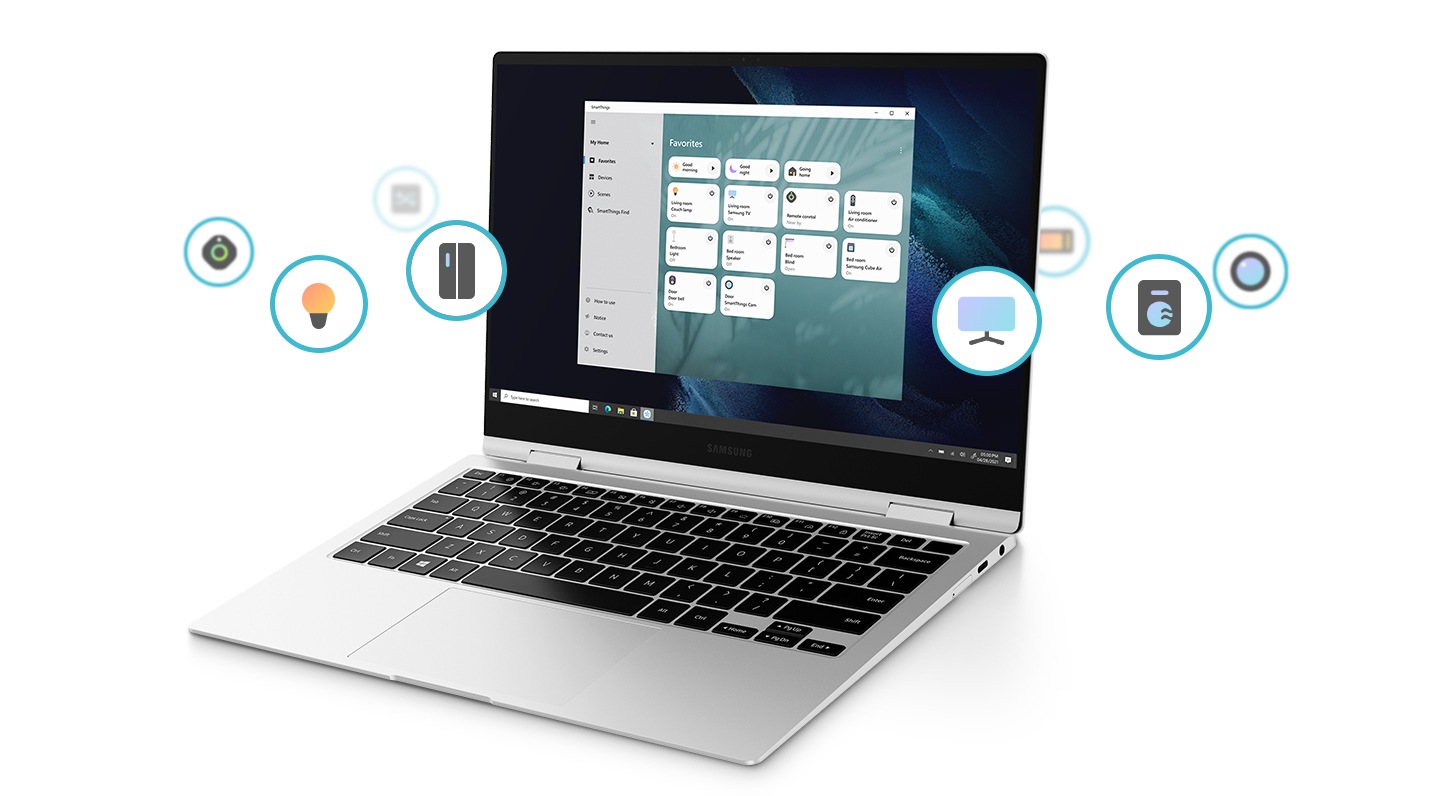 Máy tính xách tay được bao quanh bởi một số biểu tượng hiển thị các thiết bị IoT khác nhau như TV, ánh sáng, tủ lạnh và máy giặt & máy sấy. Được hiển thị trên màn hình là chương trình đang hoạt động liên quan đến hệ thống nhà SmartThings cho một cuộc sống được kết nối