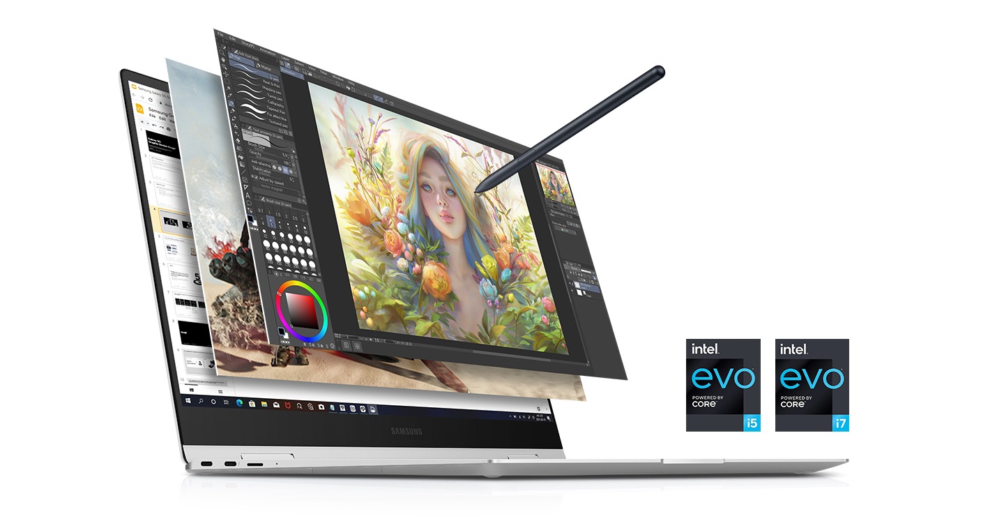 Ada beberapa gambar yang ditempatkan di layar laptop, dengan Photoshop berjalan di luar, menampilkan S Pen. Layar mewakili permainan dan pemrograman pada tampilan dalam. Dua label untuk Intel Evo i5, Intel Evo i7 ditempatkan