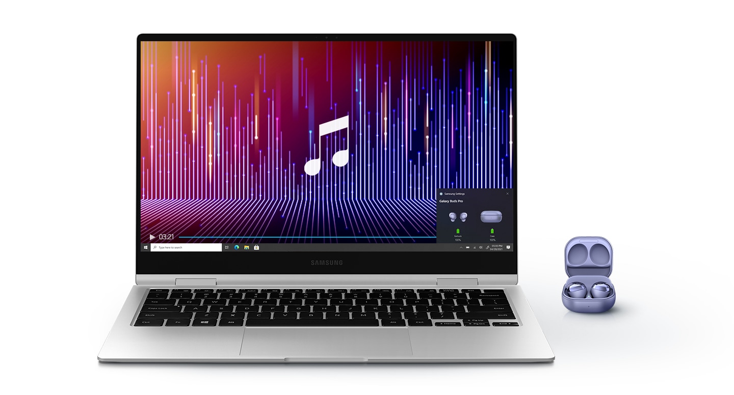 Sepasang tunas galaksi ditempatkan berdampingan dengan Galaxy Book Pro 360 5G. Ditampilkan di layar laptop adalah pemutar musik, dengan pop-up yang mudah berpasangan di sudut kanan bawah menunjukkan bahwa kedua perangkat dipasangkan melalui koneksi Bluetooth