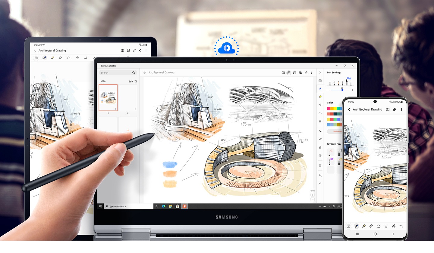 Galaxy Book Pro 360 5G ditempatkan di tengah dengan menggambar tangan secara real-time, dan ponsel dan Galaxy Tab S7 ditempatkan berdampingan. Ditampilkan di ketiga layar adalah gambar arsitektur, menunjukkan bahwa perangkat disinkronkan secara otomatis melalui Samsung Notes