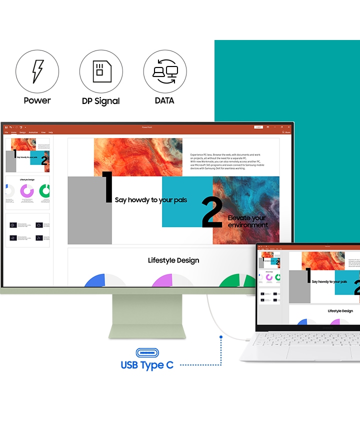 A monitor is connected to a laptop PC via a cable. Both monitor and laptop screens show identical images of a slide presentation being created. Above the monitor are three logos representing Power, DP Signal and DATA.