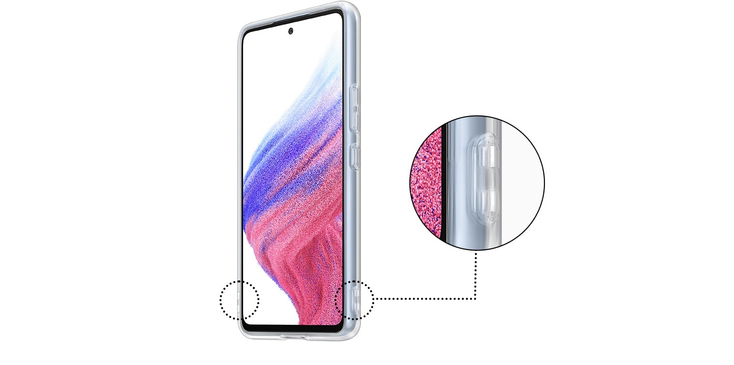 Một thiết bị Galaxy A53 5G màu xanh lam được hiển thị với Soft Clear Cover.  Hình ảnh phóng to chi tiết cho thấy các lỗ xỏ dây nằm ở cả hai bên của nửa dưới của vỏ.