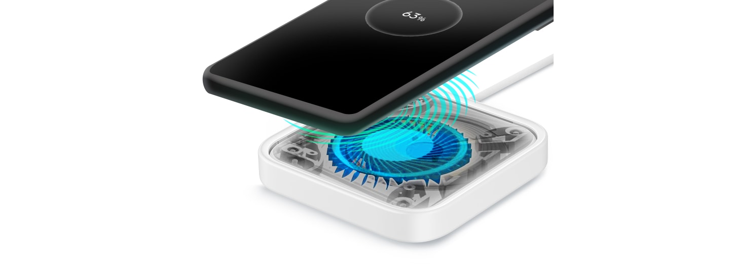 There is an illustration of the charger with the top removed to reveal the built-in cooling fan. Above it, is a smartphone with the text 63% onscreen.