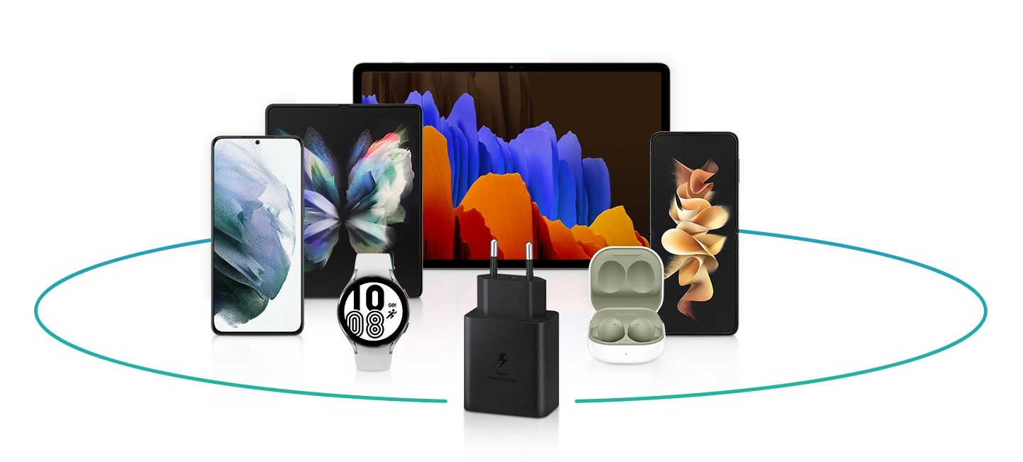 A blue line circles several Galaxy devices standing upright: a Galaxy Tab S7 , Galaxy Fold3, Galaxy S21 , Galaxy Watch4, Galaxy Flip3 and Galaxy Buds2. In front, a 45W Power Adapter Trio finishes the blue circle.