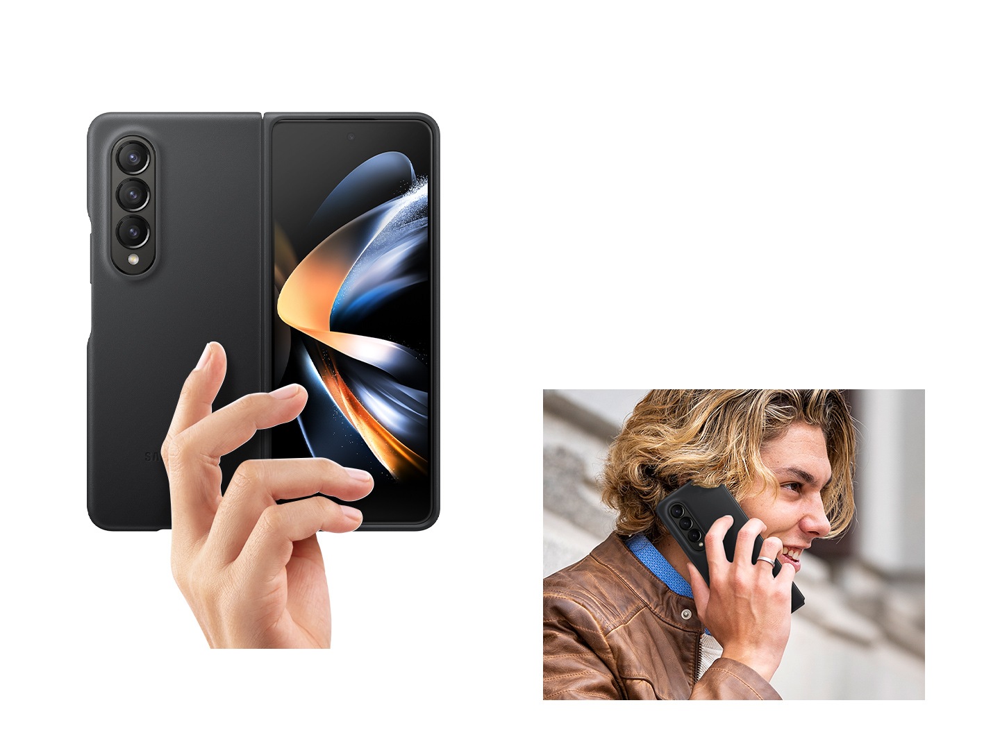 A hand holds up an open Galaxy Z Fold4 device in a Black Leather Cover. To the right is a man holding up his Galaxy Z Fold4 device in a Black Leather Cover to make a phonecall.