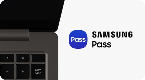 A top close-up view of the right side of a graphite Galaxy Book3 Ultra, open and facing forward. On the right, a Samsung Pass logo is shown next to the Samsung Pass text.