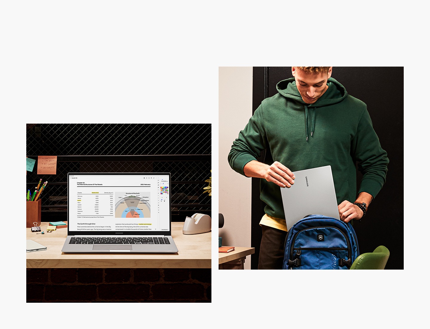 A silver Galaxy Book3 is placed on an office desk, open and facing forward with the Samsung Notes application open onscreen. A young man dressed casually is putting the light and compact silver-colored Galaxy Book3 into his backpack.