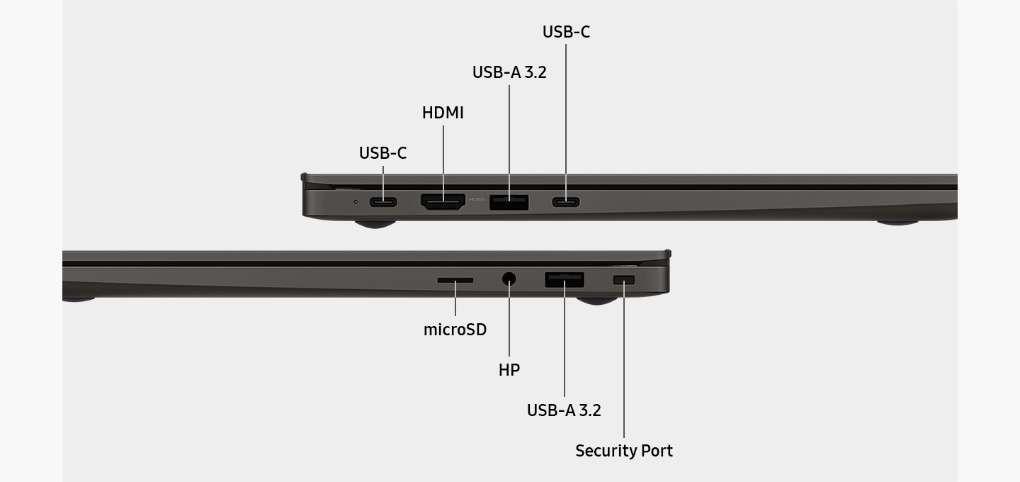 Two Galaxy Book3 devices are shown on top of each other, set on the left and right side view to highlight the port layout. Ports are labeled "HDMI. USB-C. USB-A 3.2. microSD. HP. Security Port".