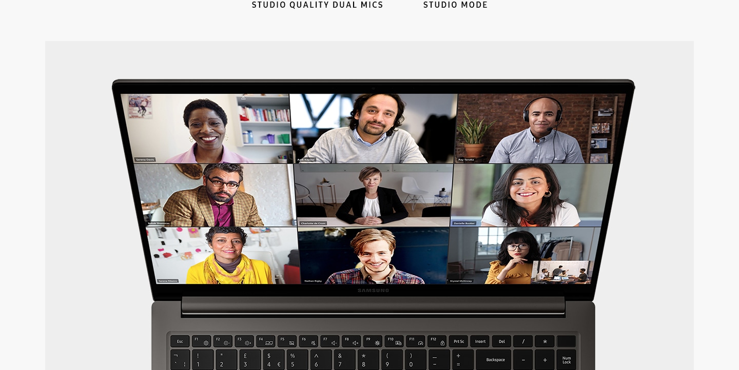 A top view of a graphite-colored Galaxy Book3, opened and facing forward with Microsoft Teams application opened onscreen and nine people shown in a video call. "STUDIO QUALITY DUAL MICS. STUDIO MODE."